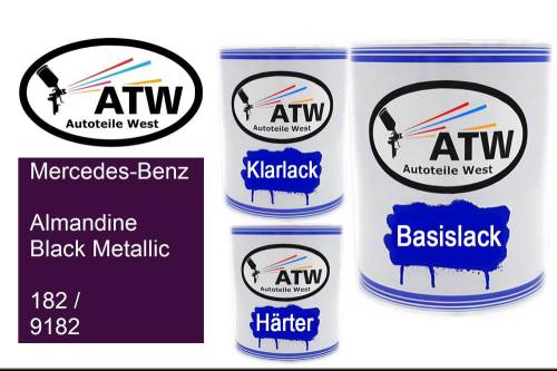 Mercedes-Benz, Almandine Black Metallic, 182 / 9182: 1L Lackdose + 1L Klarlack + 500ml Härter - Set, von ATW Autoteile West.